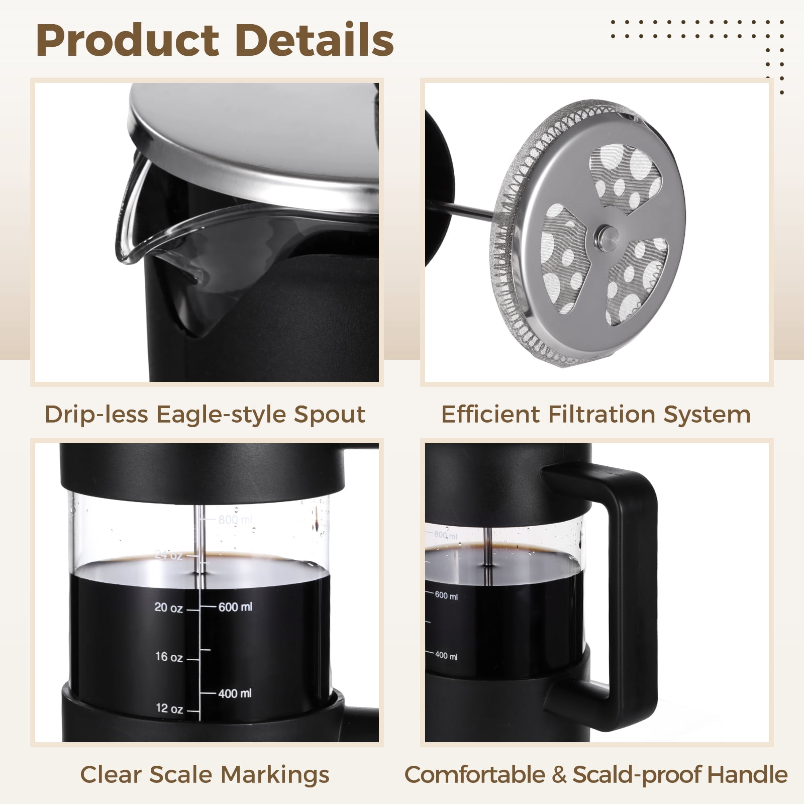 Press Coffee Maker, 34 oz Heat Resistant Thickened Borosilicate Glass Coffee Pot, Tea Maker with Fine 80 Mesh Filter & No-drip Spout, Large Capacity Brewer for Home, Office