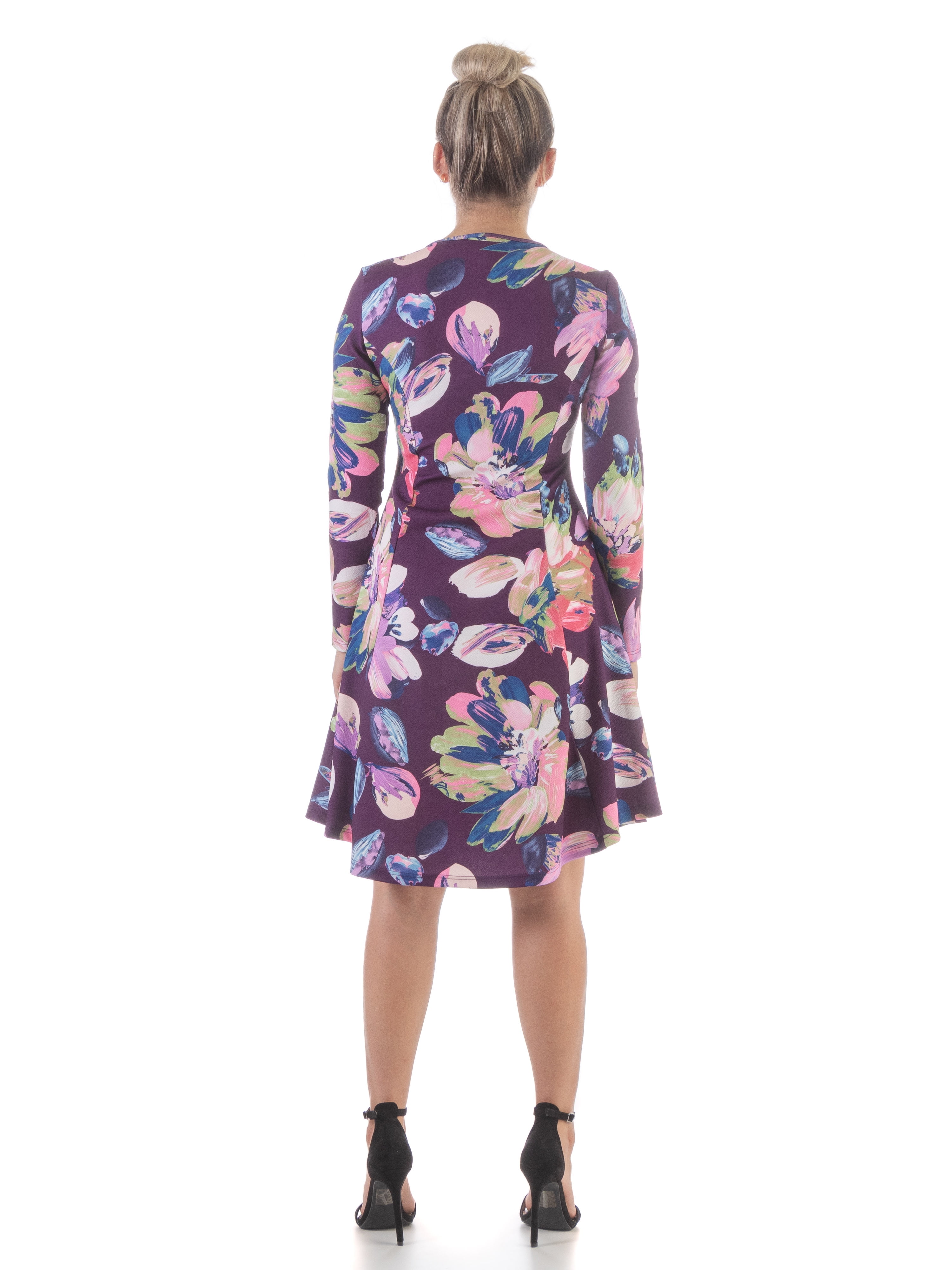 24/7 Comfort Apparel Womens Floral Purple Long Sleeve Knee Length Dress