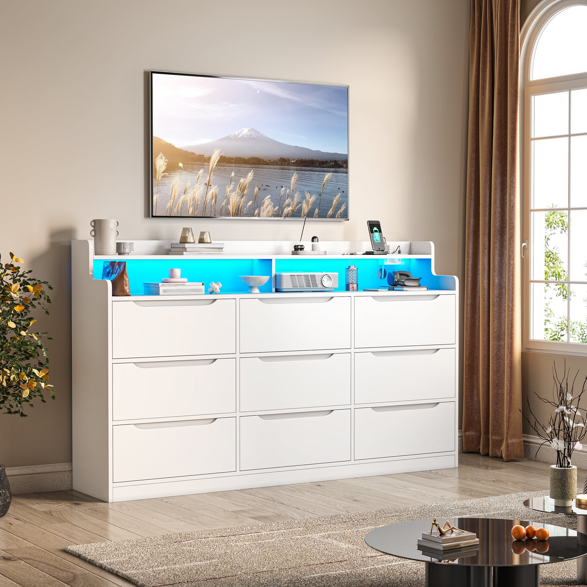 EnHomee 9 Drawer Dressers for Bedroom with LED Light,Wood Chests of Drawers with Charging Station, White