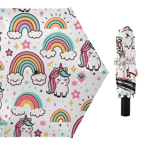 Cute Unicorns and Rainbow Compact Sun Umbrella Windproof Travel Umbrellas for Rain Strong Portable UV Protection