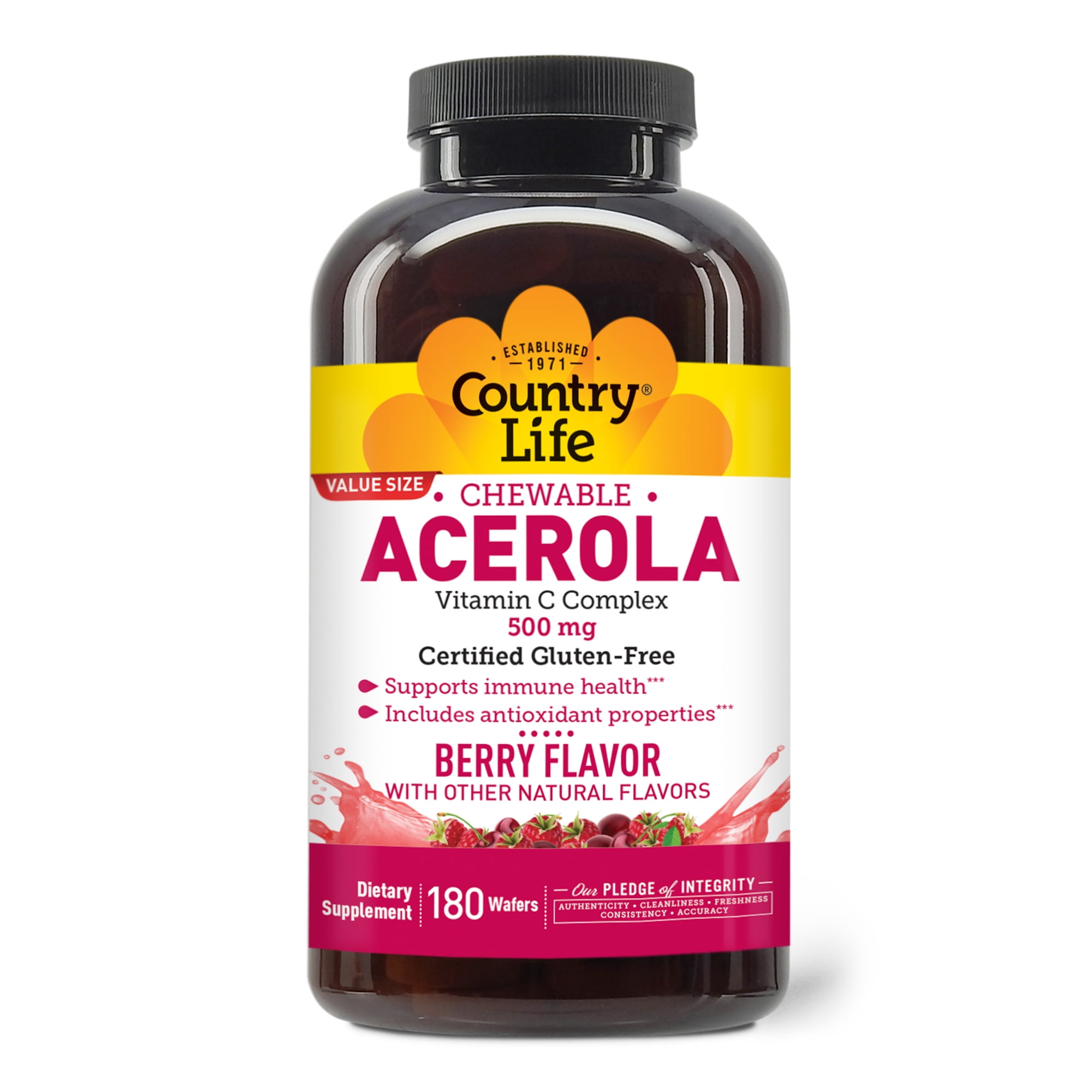 Country Life Acerola Vitamin C Complex, 500mg, Chewable Berry Flavored Wafers, Supports Immune Health, 180 Wafers, Certified Gluten Free by GFCO , Certified Vegan by AVA