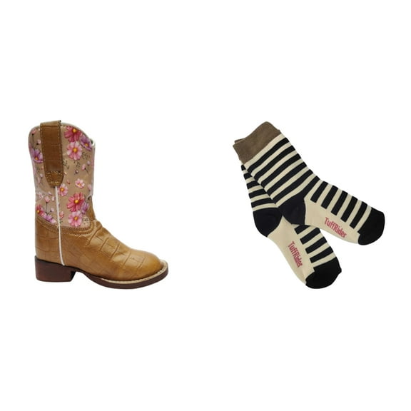 TuffRider Children's Dunes Square Toe Western Boot- Tan Floral- 10C With Free Assorted Striped Socks