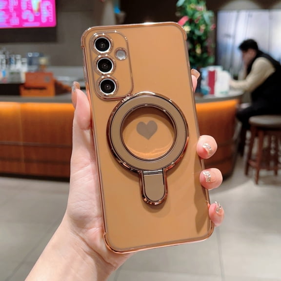 TECH CIRCLE for Samsung Galaxy A57 PC TPU Case with Ring KickStand & Camera Patection Luxury Plated Cute Love Heart Compatible with MagSafe Shockproof Phone Cover for Woman Girls,Desertgold
