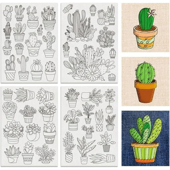 1Set 4Sheets 48Pcs Potted Plants Water Soluble Embroidery 11.7x8.3inch Cactus Succulents Stick and Stitch Embroidery Paper Stabilizer Water Soluble Hand Sewing for Shirts Coats Bags