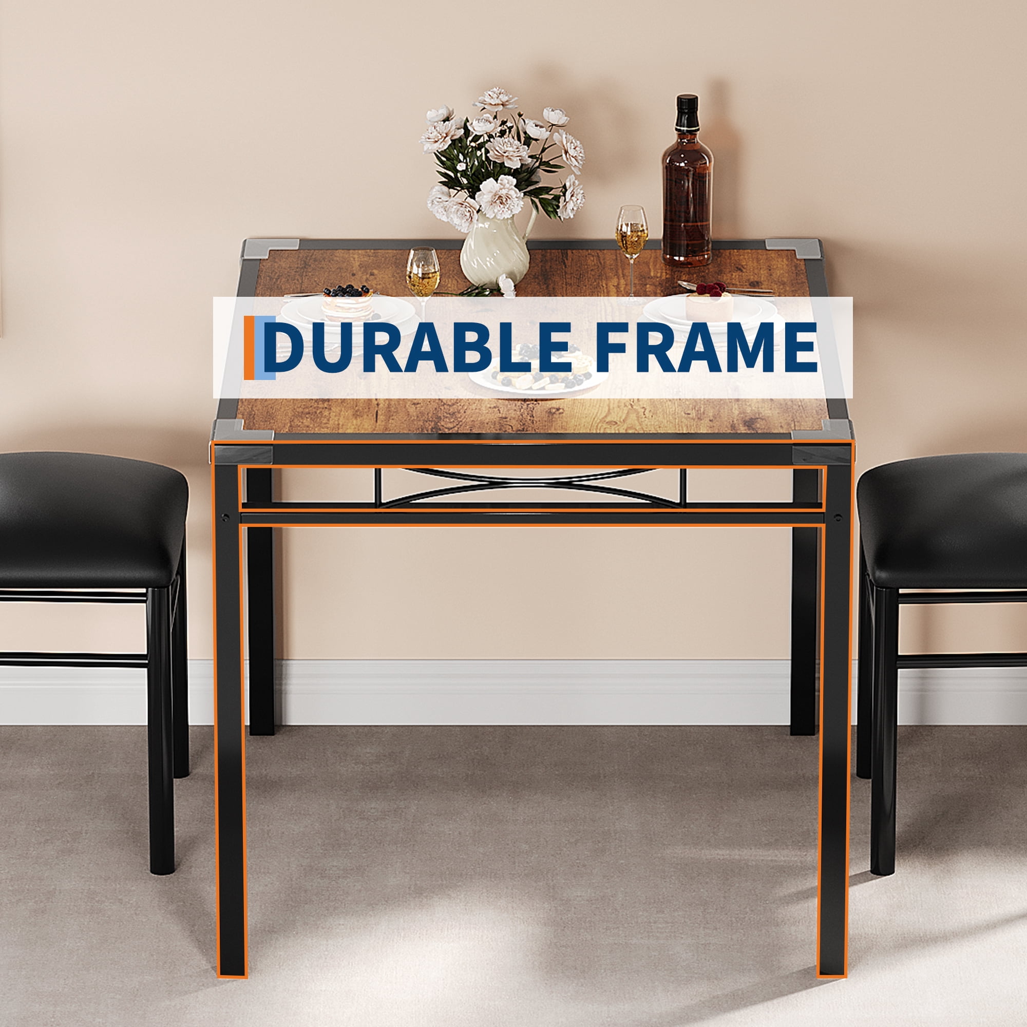 Space-Saving Dining Table Set for 2 – Vintage Brown Compact Kitchen & Bistro Furniture, Upholstered Chairs, Sturdy Metal Frame, Corner Protectors, Easy Assembly (Color: Vintage color