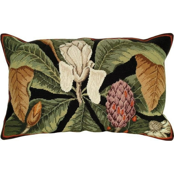 Throw Pillow Needlepoint Magnolia 18x28 Polly Insert Wool Cotton Velvet B MH-170