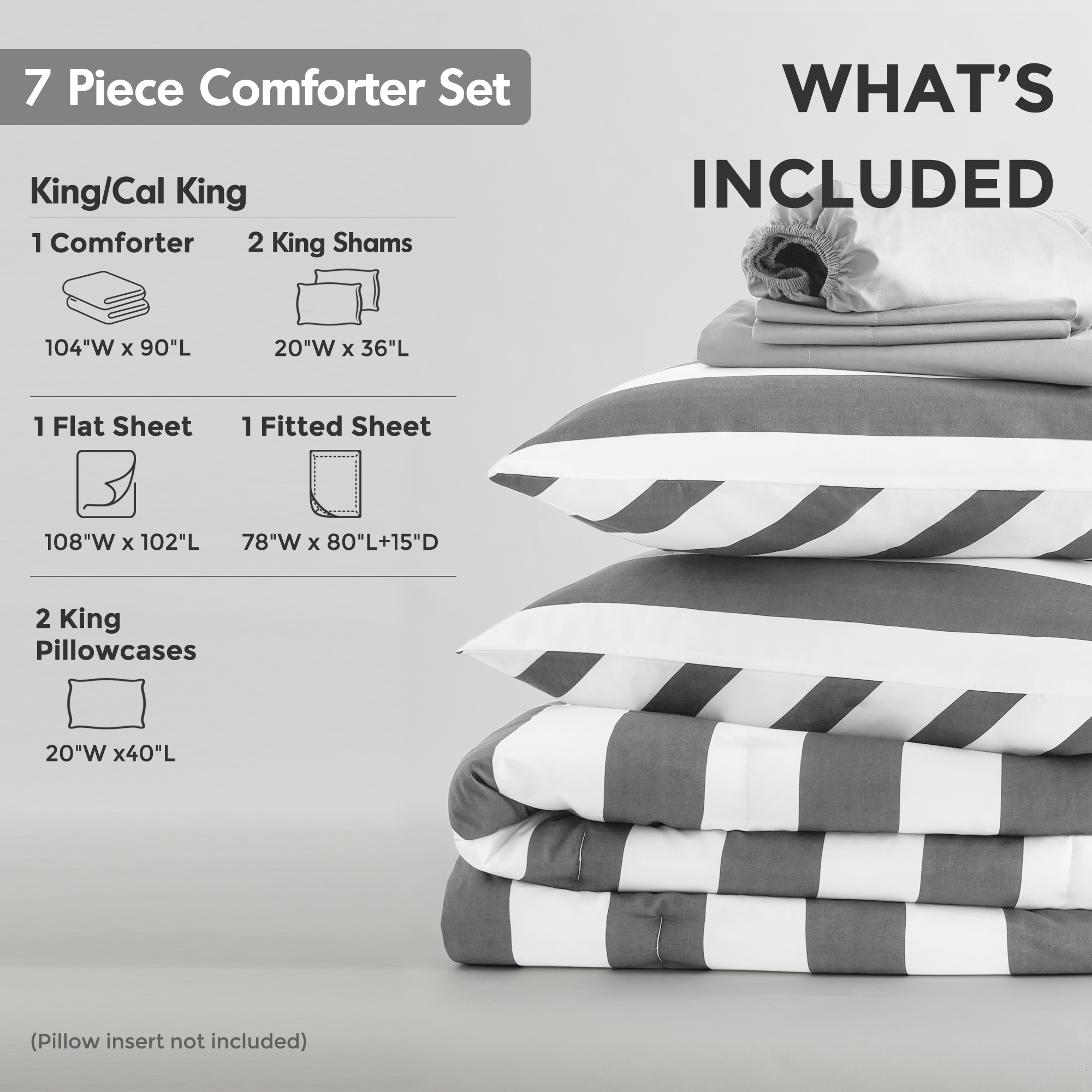 Regency Heights Essential King Size Comforter Sets, 7-Piece Bed in a Bag King, Reversible Striped Comforter Bed Set with Sheets, Charcoal