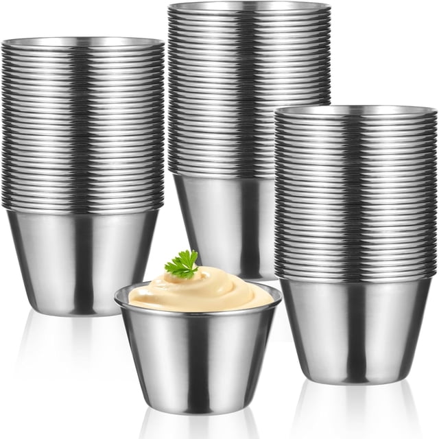 100 Pcs Tasses à Sauce en Métal, Tasses à Condiments en Acier Inoxydable de 2,5oz, Ramequins en Métal Réutilisables, Petits Bols à Trempette, Tasses Rondes Individuelles pour la Maison, Restaurant