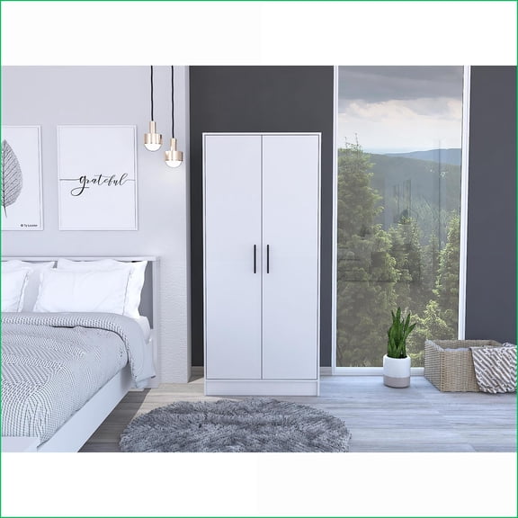 Armoires | 71” White Particle Board Closet with Double Doors, Shelves, Rod & Drawer