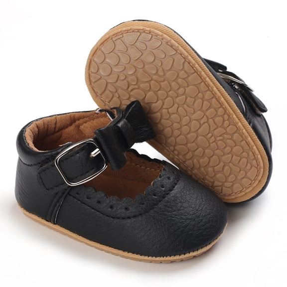 Oiyii Baby Girls Athletic Shoes Solid Leather Bow Adjustable Strap Soft Sole Sneakers