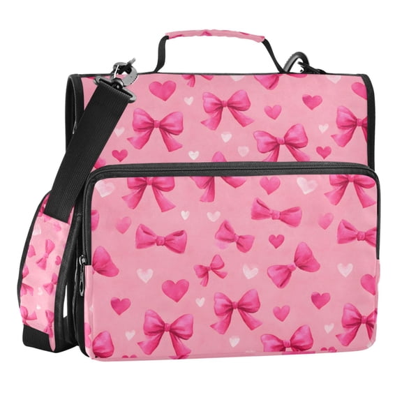 Zipper Binder Pink Bows Love 1.5 Inch Binder Folder Bag with Shoulder Strap and Handle