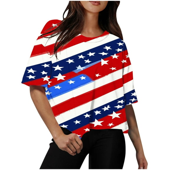 Cavosen Patriotic Tops for Women Petite Patriotic Short Sleeve Round Neck Shirts American Flag Print Shirts Lady XL Independence Day Casual Tops Funny 4th of July Tunic Tees 2025 Patriotic Blouses