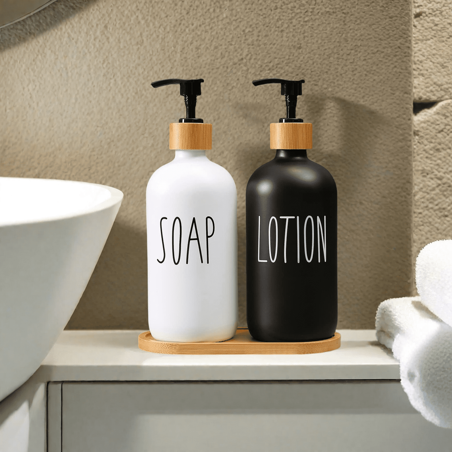 WOVTE Glass Lotion and  Soap Dispenser Set, Bathroom Soap Dispenser Set with Tray, Suitable for Bathroom Accessories, Housewarming Gift, Countertop Decor, Modern Bathroom Decor (Black&White, 16oz)