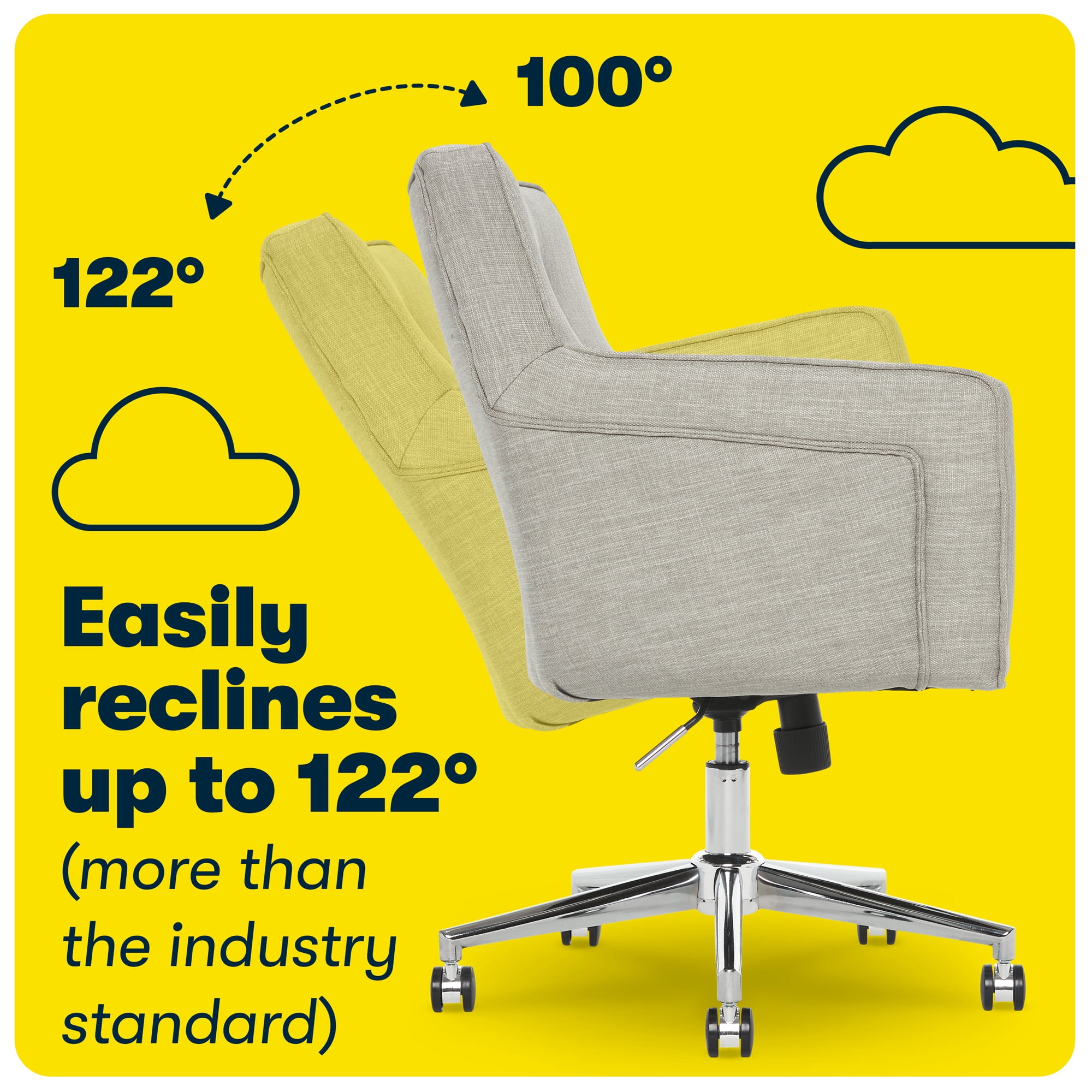 Serta Ashland Home Office Desk Chair with Button Tufted Mid-Back, Memory Foam Cushion and Padded Arms, Modern Vanity Armchair with Wheels for Bedroom, Chrome Metal Base, Light Gray