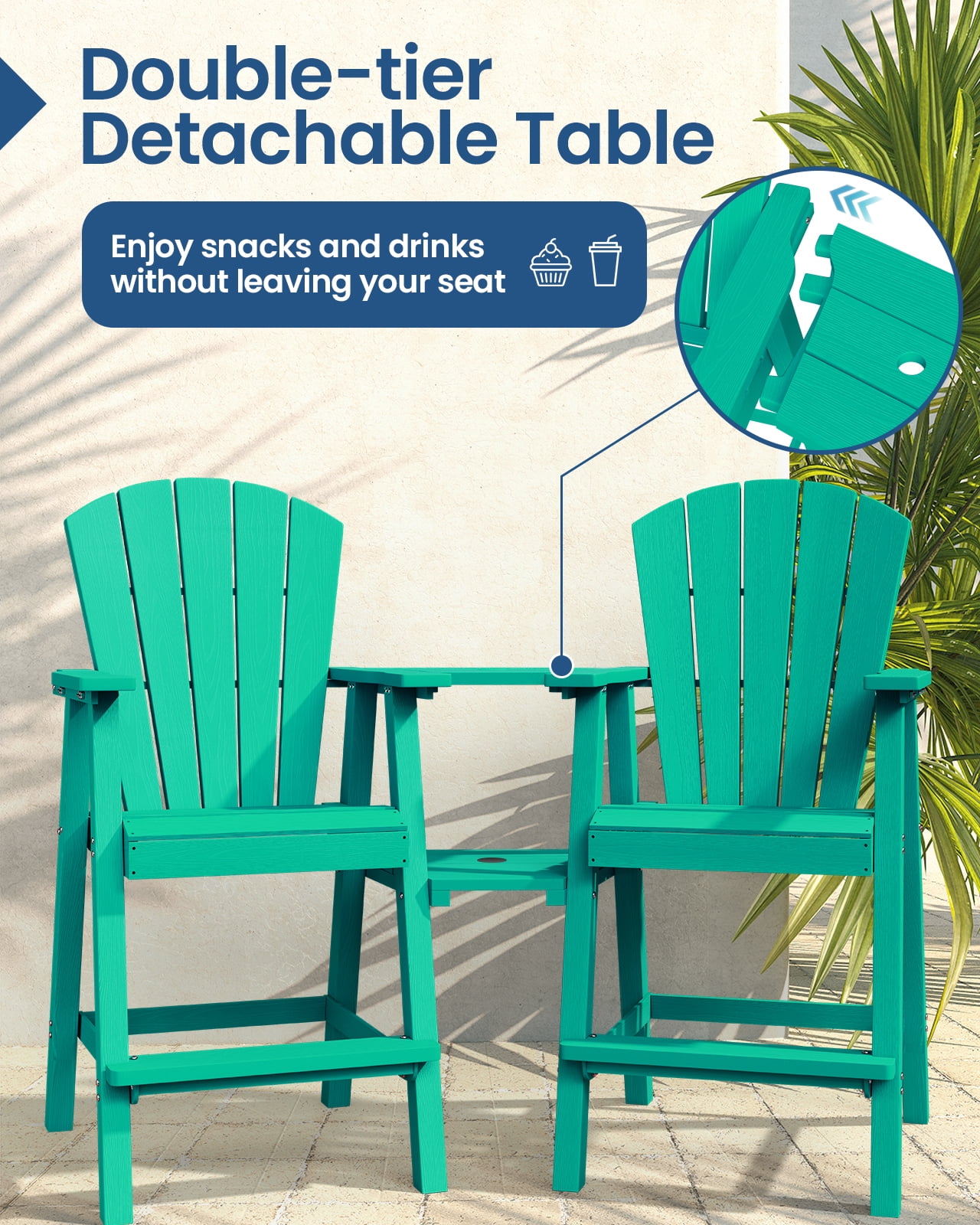 CIOKEA Tall Adirondack Chair Set of 4, All Weather HDPE Patio Chairs with Double Removable Connecting Trays for Balcony, Deck, Backyard, Patio, Garden, Baby Blue