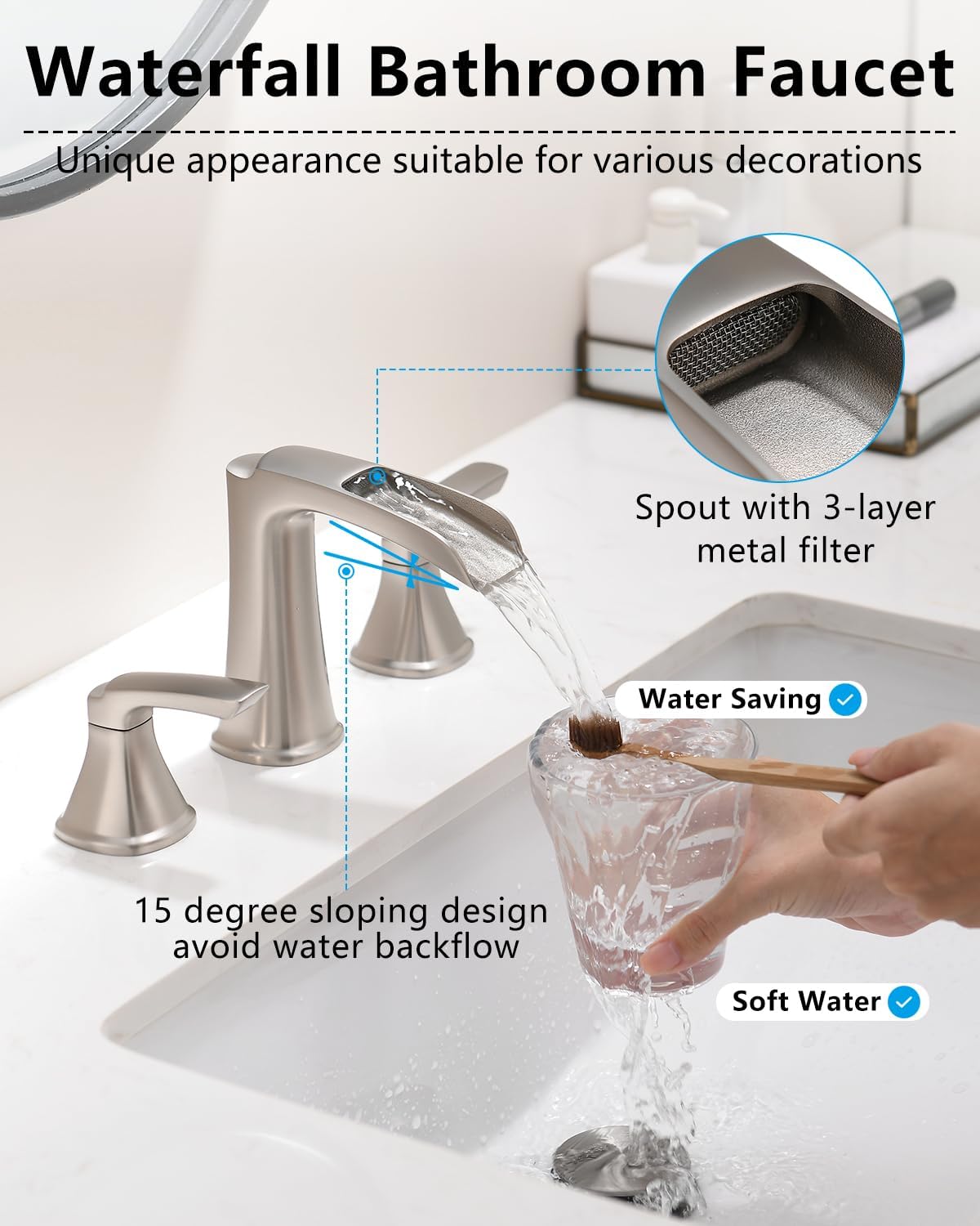 Brushed Nickel Bathroom Faucet 3 Hole, Waterfall 8 Inch Widespread Bathroom Sink Faucet with Pop-up Drain, Two-Handle Faucet for Bathroom Sink