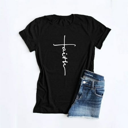 Women's Undershirt Cross Faith Letter Printing Round Neck Cotton Short-Sleeved T-shirt