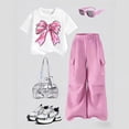 thumbnail image 3 of Grblisyd Girls Summer Outfits 2 Piece Cute Bow Print T-Shirt Tops and Cargo Pants Summer Outfits Kids 8-12Y, 3 of 3