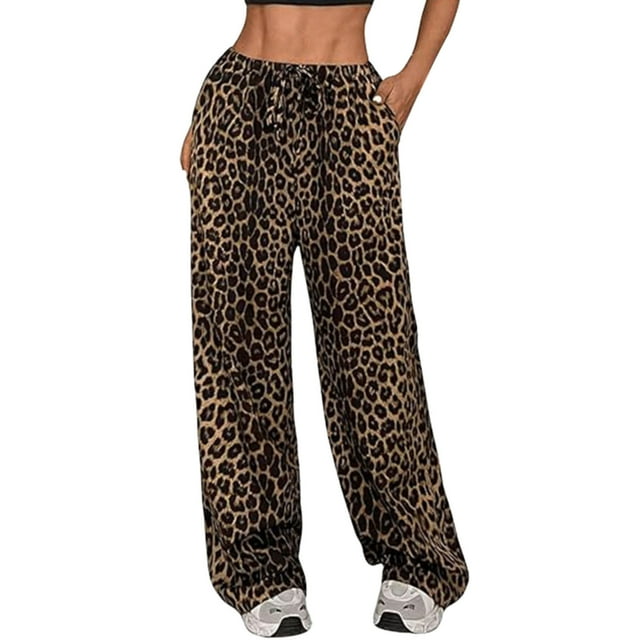 Pantalon Décontracté à Taille Basse Imprimé Léopard pour Femmes, Jambe Droite, Jambe Grand, Extensible, Yoga, Travail, Long, Survêtement, Taille 16, Lin Décontracté