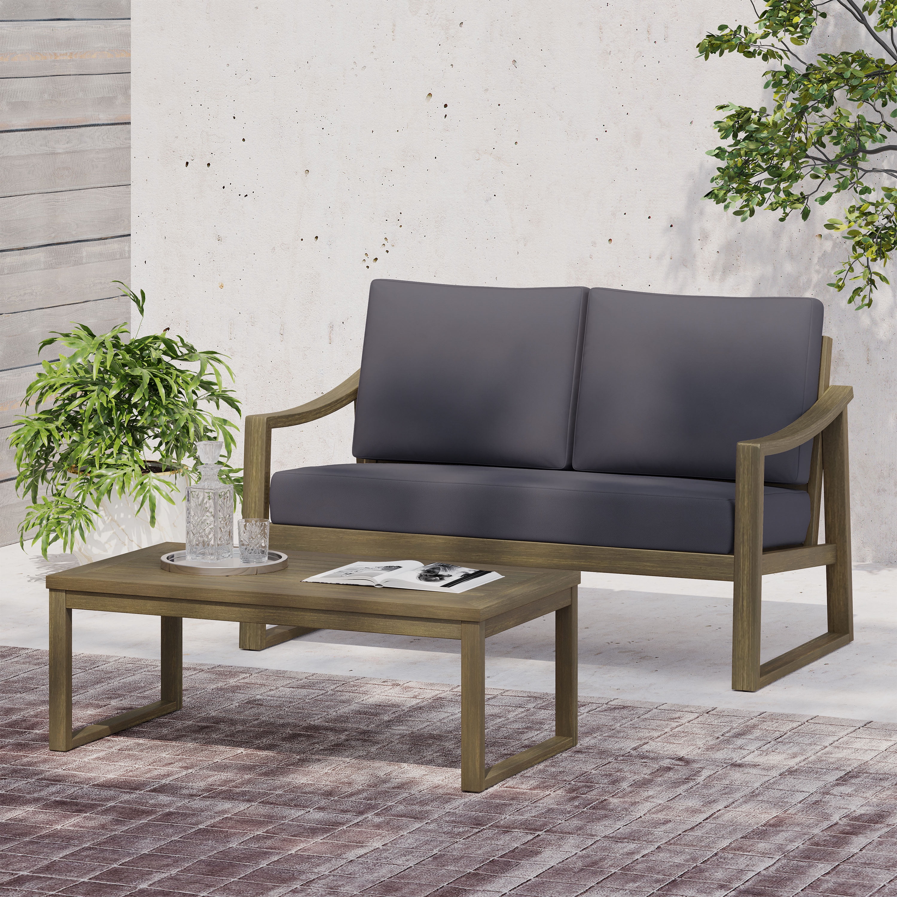 Outdoor Coffee Table and Double Sofa Combination Set, Acacia Wood Frame Leisure Furniture for Patio Garden, Gray and Dark Gray