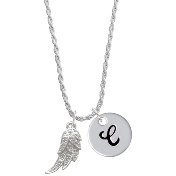 Delight Jewelry Silvertone Textured Wing Silvertone Script Initial Disc - C - Charm Necklace, 20"+3"