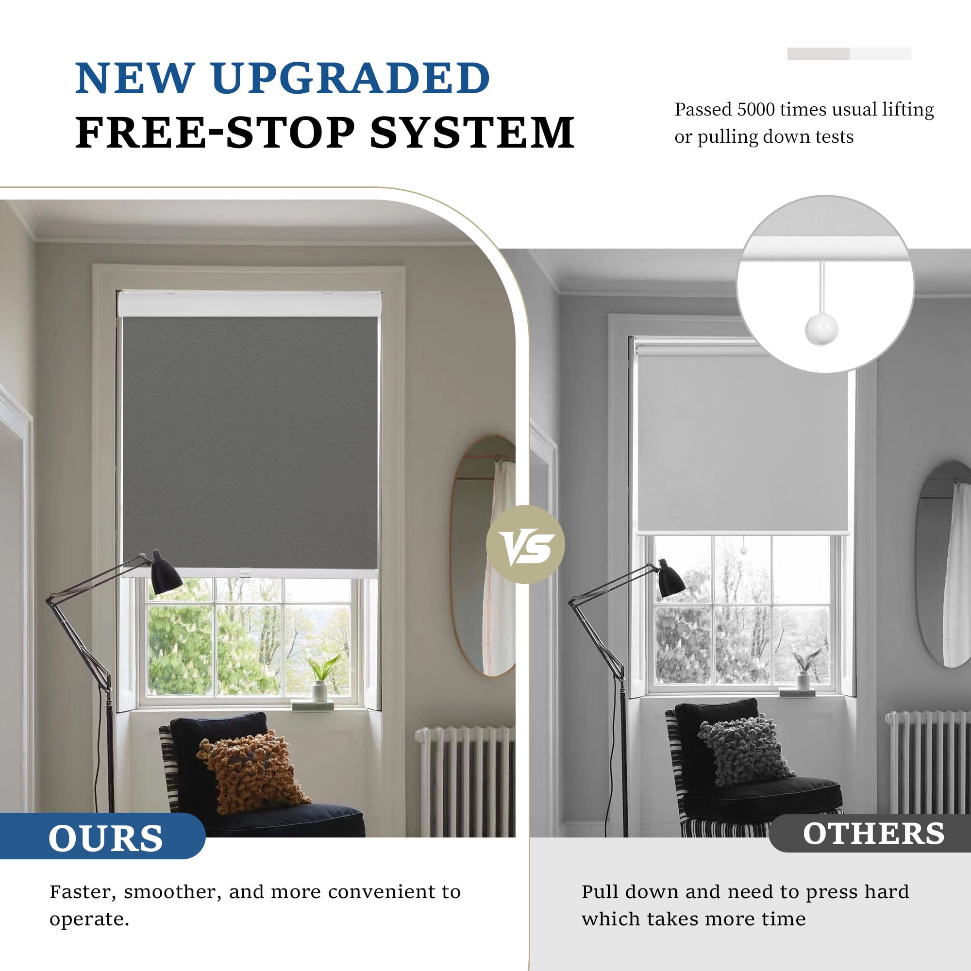 Grandekor Cordless Roller Shades for Windows, Blackout Blinds Room Darkening Pull Down Shades with Free-Stop System, Thermal Insulated UV Protection for Home Office 27x72" Dark Gray
