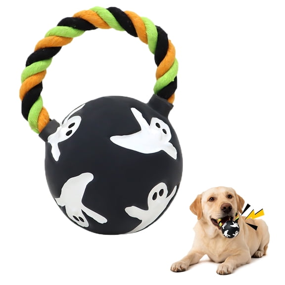 Deeow Halloween Ghost Print Ball Dog Chew Toy, Latex Squeaky Toy with Braided Rope Handle, Interactive Tug Play Toy for Small Medium Dogs