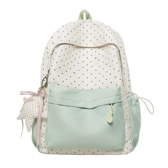 Lightweight Polka Dot Backpack for Teens Large Capacity Nylon Campus Bag with Decorative Pendant Multi-Compartment School Bookbag for Everyday Use Mint Green