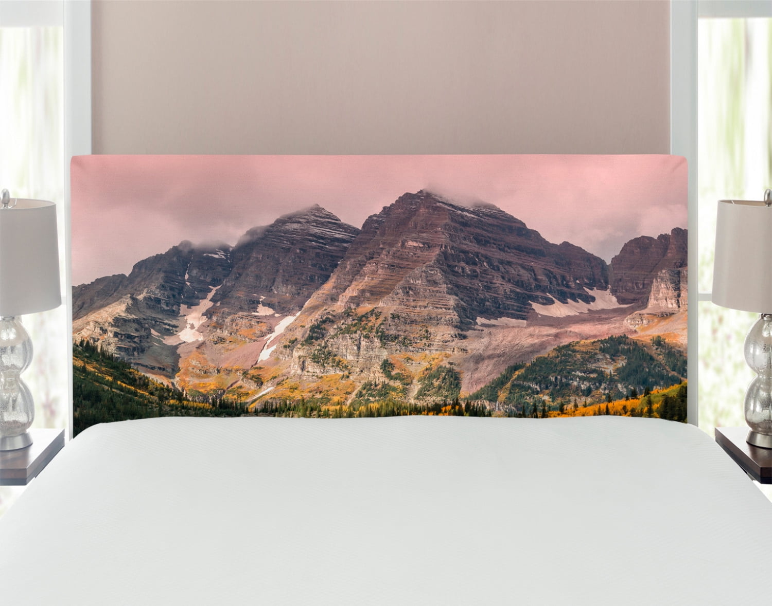 Fall Headboard, Idyllic Mountain Snowy Peaks and Clouds in the Sky on