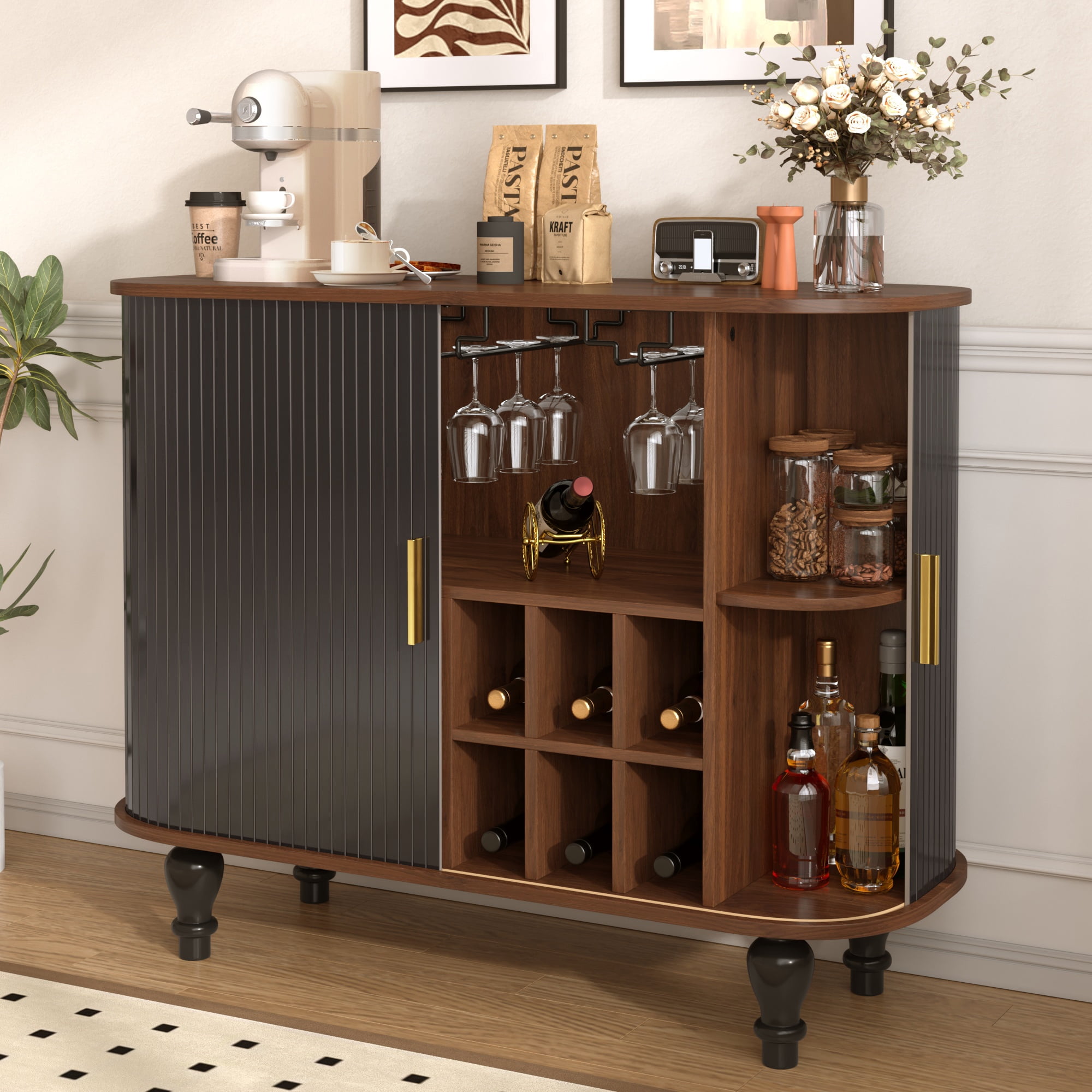 Fluted Bar Cabinet with Wine Rack & Glass Holders,39" Mid-Century Modern Liquor Coffee Station, Large Drawer, 4 Hidden Side Compartments, Sliding Tambour Doors