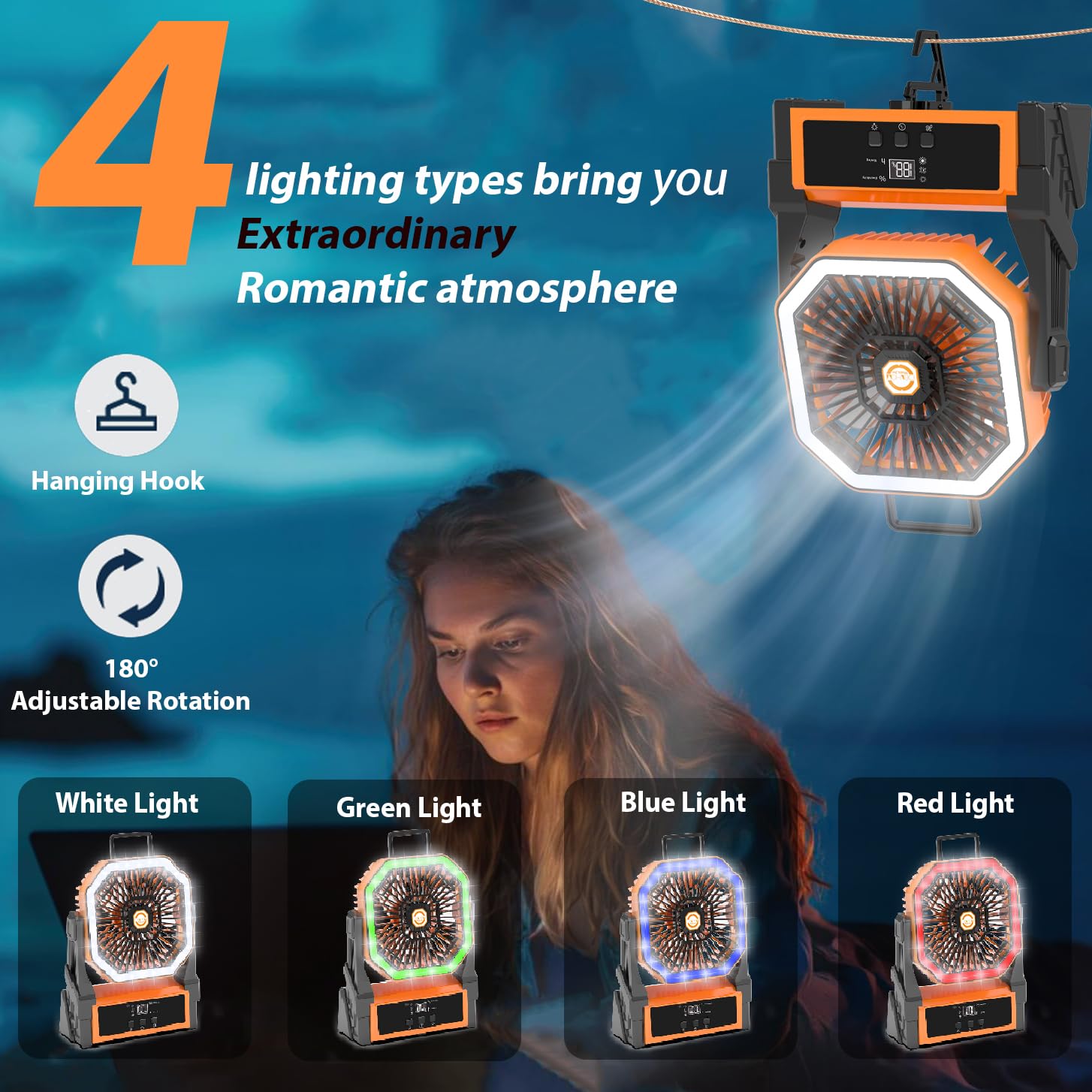 Portable Fan Rechargeable,20000mAh Cordless Battery Powered Fan with LED Lantern,180Rotation With remote control,USB C Battery Operated for Travel Camping Tent Office Beach Fishing Outdoor,ORANGE