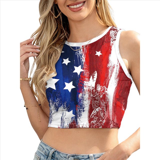 Camiseta Sin Mangas Corta con la Bandera Estadounidense de EE. UU. para Mujer, Ideal para Cosplay, con el 4 de Julio. B298-1004 L