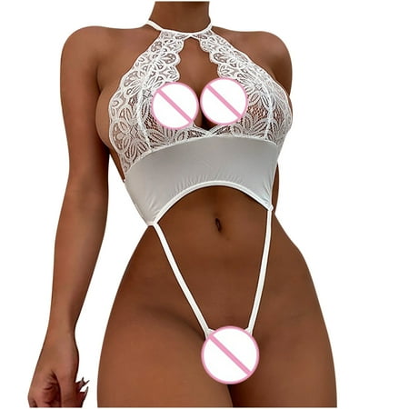 

Lanhui Women Backless Cutout Crochet Lace Teddy Suit Open File Thong Lingerie