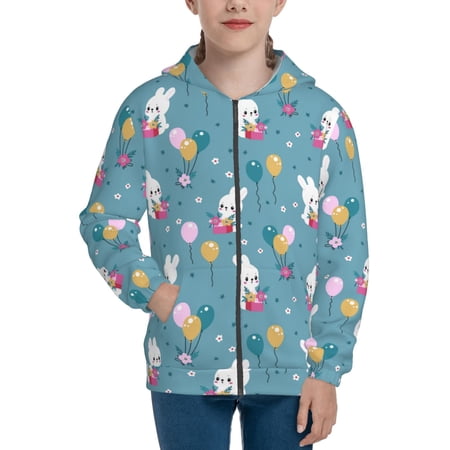 Naloa Rabbit And Balloon Teenage Zipper Hoodie Long Sleeve Zip Up Hoodies Casual Jackets Tops for 7-12 Years-