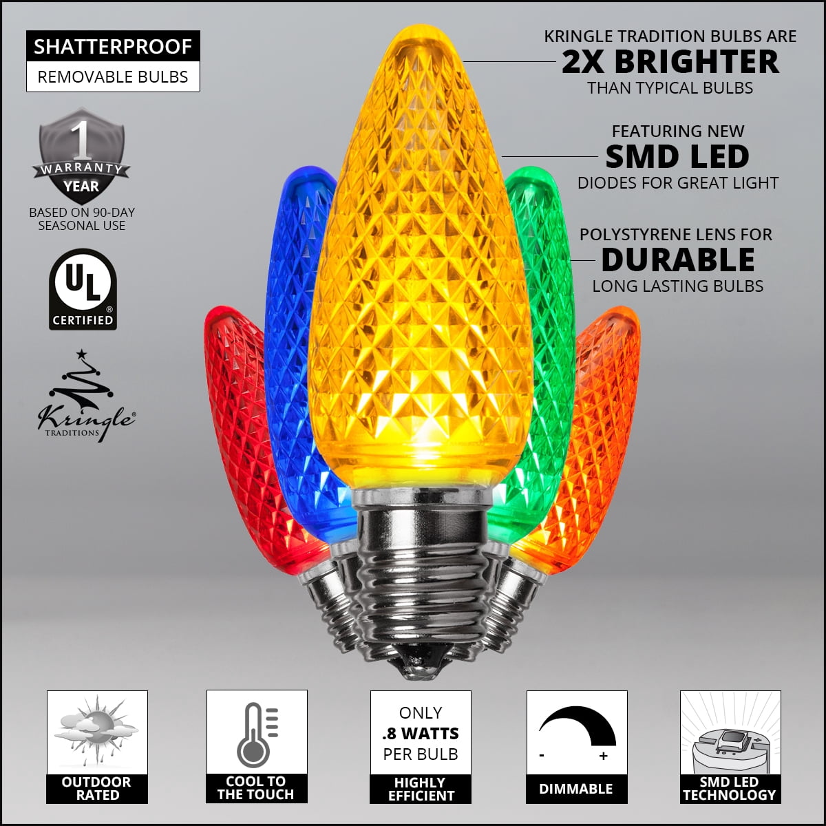 Kringle Traditions LED Christmas Light Bulbs, LED Bulbs Christmas LED Light Replacement Bulbs, Pack of 25, Dimmable SMD Shatter Resistant (Multicolor, C9 Bulbs / E17 Base)