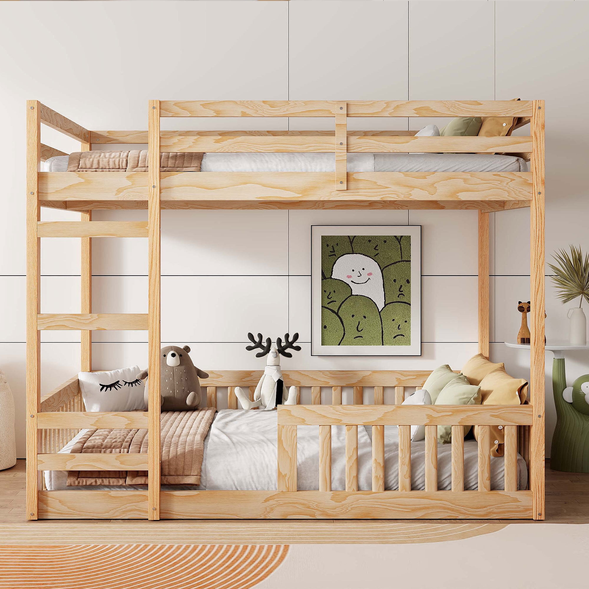 Full Over Full Size Wooden Bunk Bed with Ladder and Guardrails, Low Floor Bunk Beds w/ Slats Support,Space-Saving Multifunction Furniture for Apartment,Bedroom