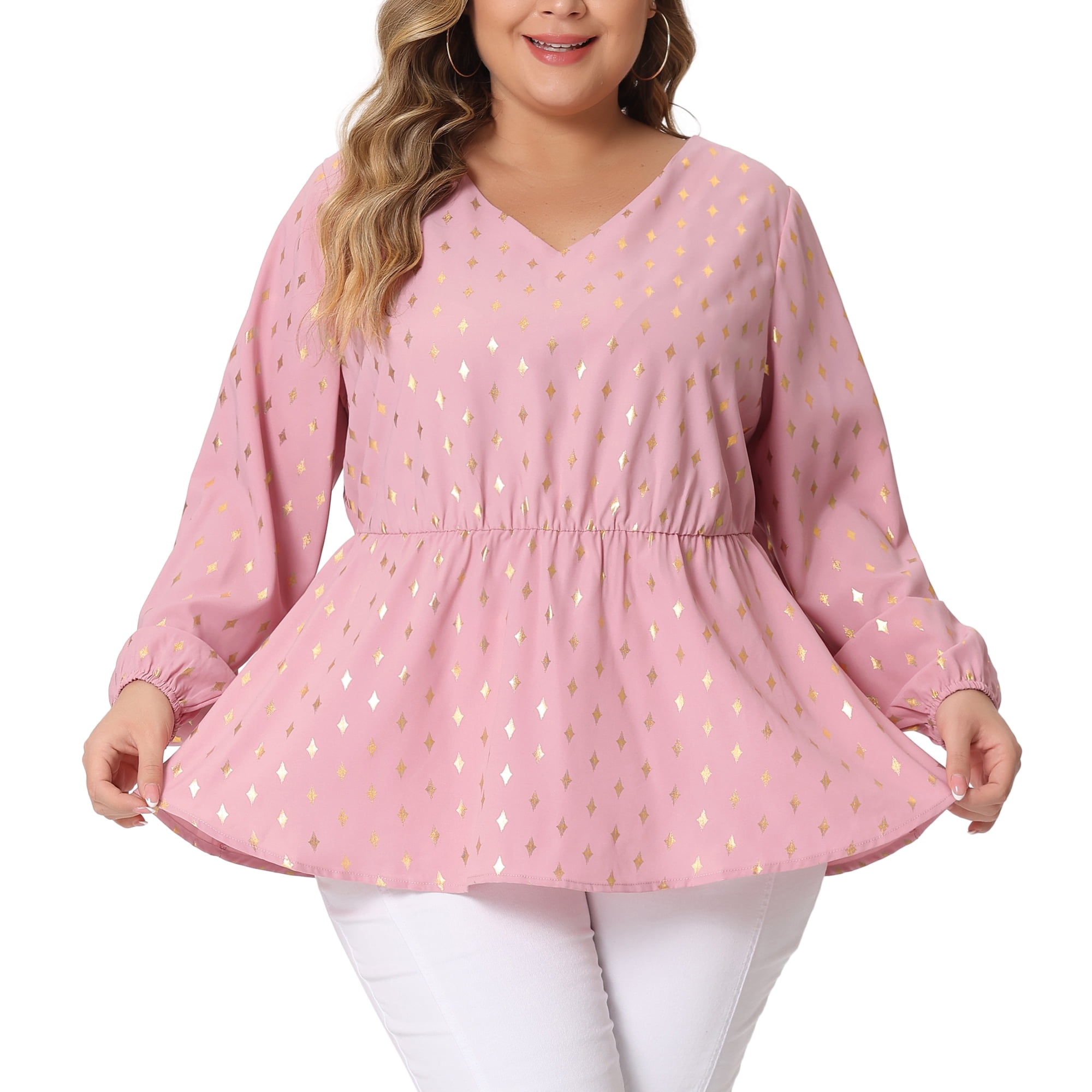 Women's Plus Long Sleeve V Neck Peplum Top Ruffled Elastic Waist Blouse 3X Pink