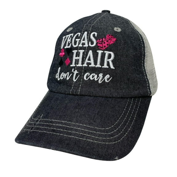COCOVICI Vegas Hair Don't Care Embroidered Grey Distressed Hat Mesh Trucker Style Hat Cap