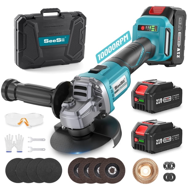 Amoladora angular Seesii 21 V 4.0 Ah con 2 baterías de 10000 RPM azul