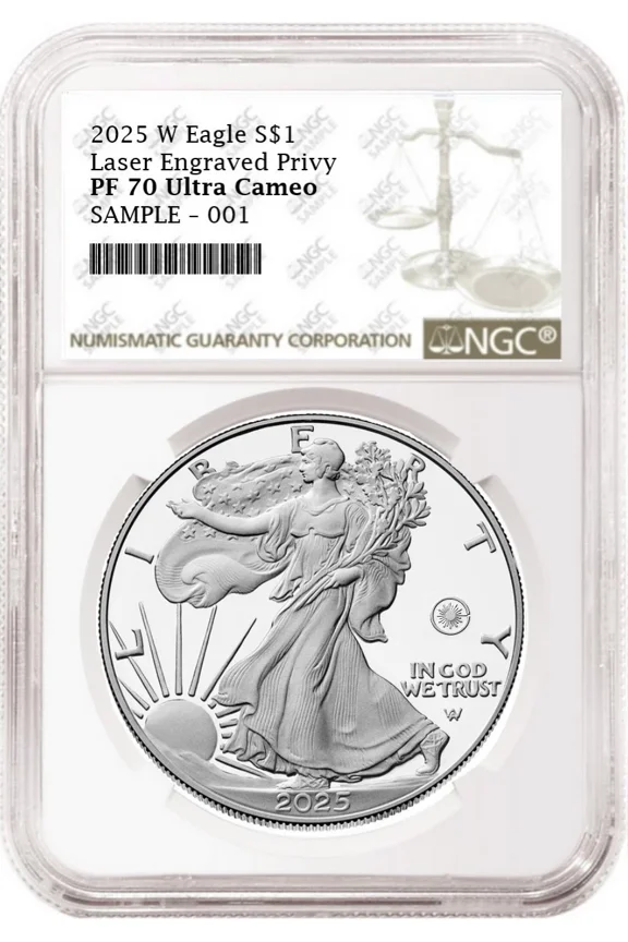 US Mint, 2025 W Laser Engraved Privy Proof Silver Eagle Coin, NGC PF70 Ultra Cameo, Brown Label