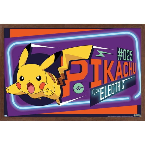 Pokemon - Neon Pikachu Wall Poster, 22.375" x 34", Framed
