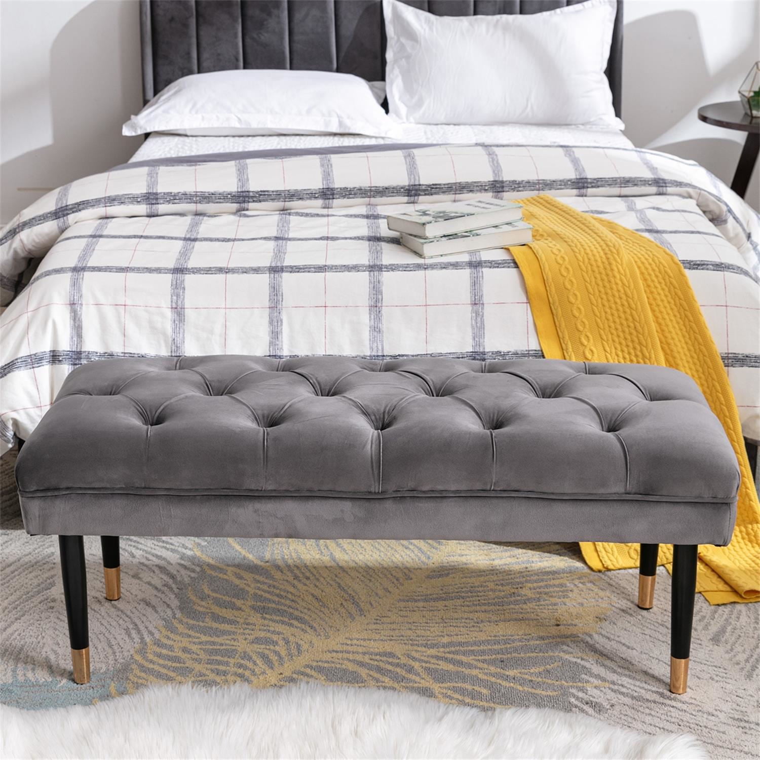 Kadyn Fabric Bench, Modern Velvet Button Ottoman for Living Room Entryway, Upholstered Bench with Metal Legs, Gray Kadyn Fabric Bench, Modern Velvet Button Ottoman for Living Room Entryway, Upholstered Bench with Metal Legs, Gray