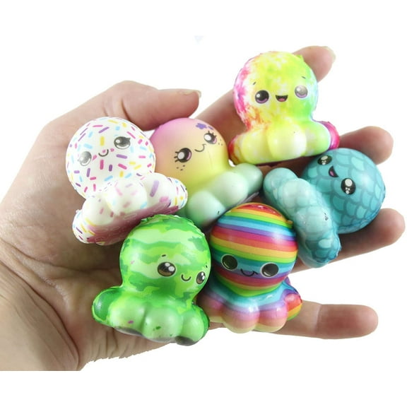 Set of 6 Cute Octopus Micro Slow Rise Squishy Toys - Mini Animal Fidgets - Memory Foam Party Favors, Prizes, OT (RANDOM SELECTION)
