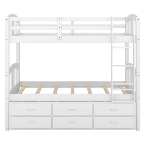 Twin Over Twin Wood Bunk Bed with Trundle and Storage Drawers, Convertible Solid Pine Wood Bunk Bed Frame with Ladder and Safety Guardrails, Space Saving Kids Bed, White