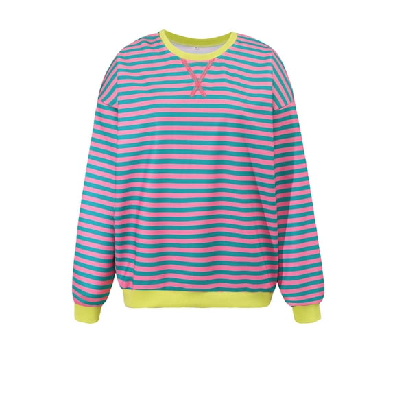 Womens Tops Long Sleeve Shirt Crew Neck Stripe Sweatshirt Color-blocaked Blouses for Women Pink, Size S to XL