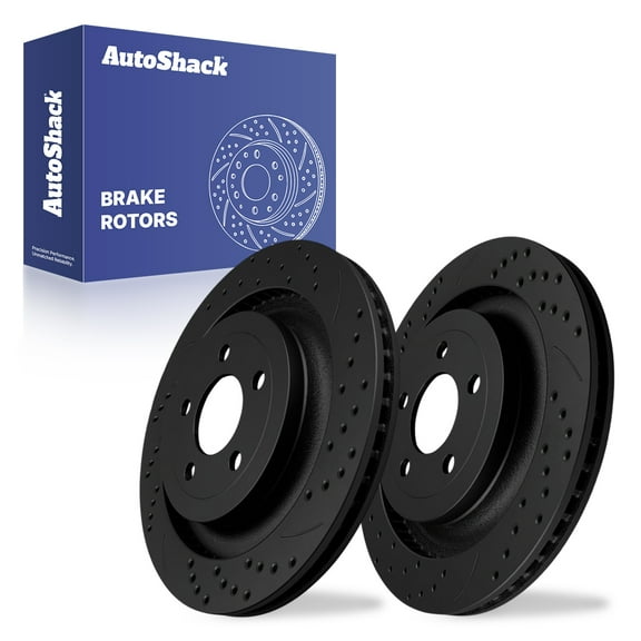 AutoShack 12.99" (330 mm) Rear Vented Drilled & Slotted Brake Rotors E-Coated | Replacement for 2015-2023 Ford Mustang | Black Finish | 2-PC Set | NightGuard