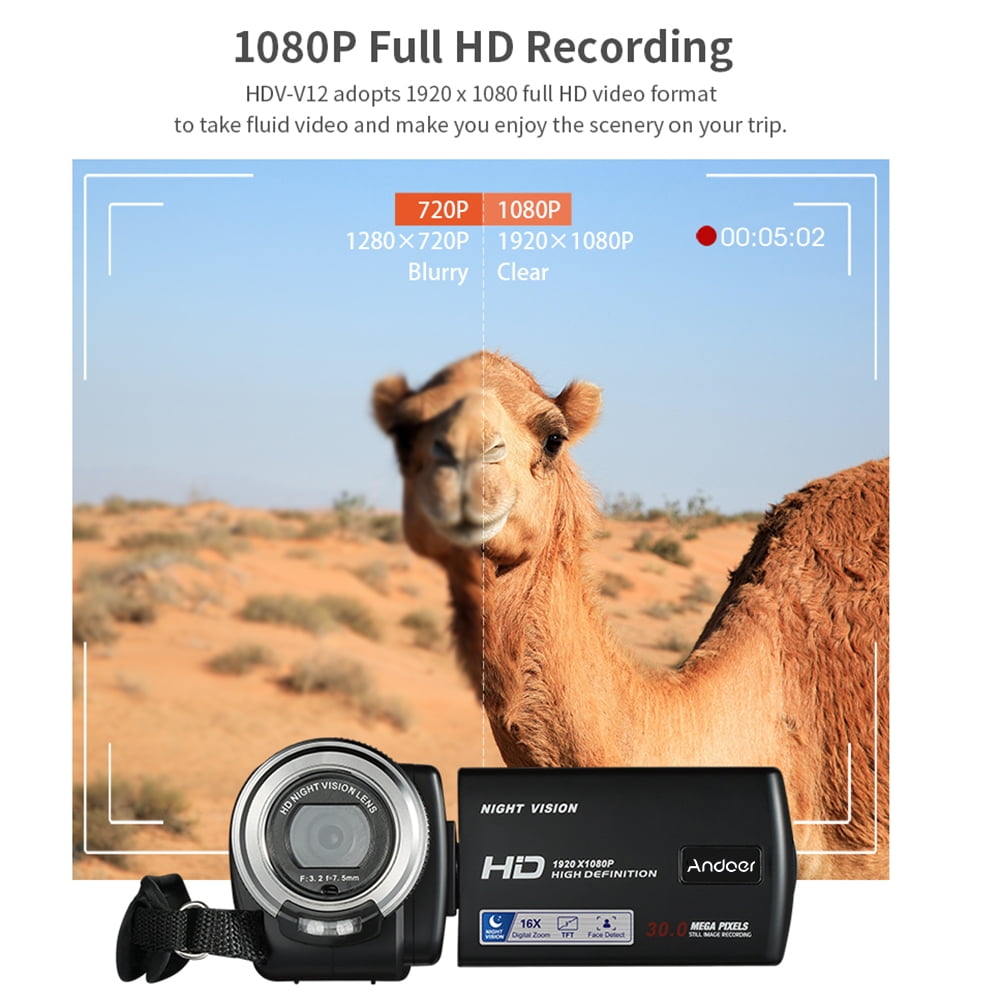 Andoer V12 1080P Full HD Portable Video Camera Camcorder with 16X Digital Zoom, 3.0 Inch Rotatable LCD Screen, Up to 30 Mega Pixels, Night Vision, Face Detection and Beautification Features
