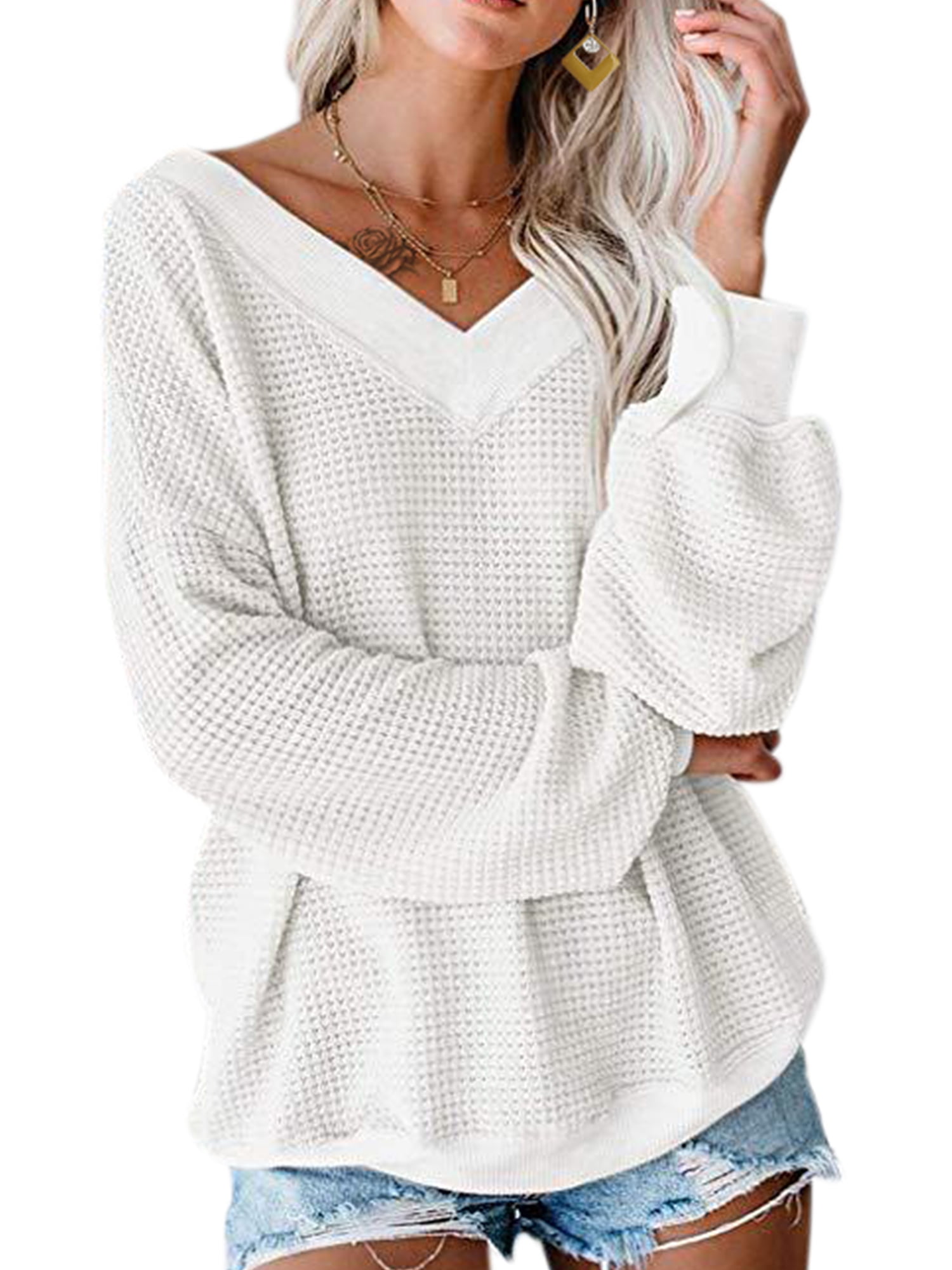 Womens Sweaters Pullover Oversized Off The Shoulder V Neck Knit Jumper Tops 