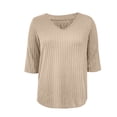 thumbnail image 6 of ManxiVoo Womens Brushed Striped V Neck Tee Shirt Artistic Retro Inspired Three Quarter Sleeve Top L Size Beige, 6 of 7