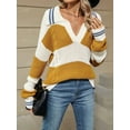 thumbnail image 4 of Womens Striped Lapel Loose Fall Winter V Neck Casual Long Sleeve Color Block Pullover Knit Sweater Yellow & White XL, 4 of 6